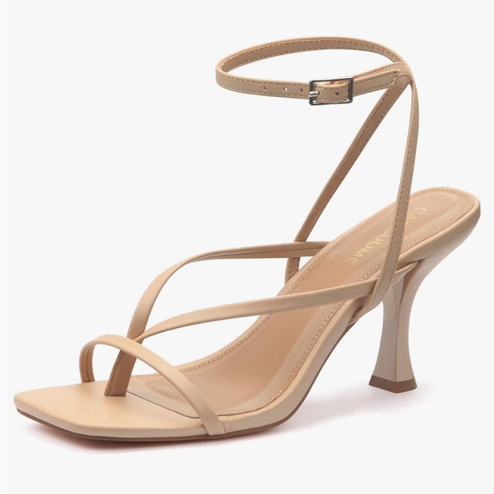 Carcuume Nude Kitten Heels, Square Toe Thong, Strappy Sandals